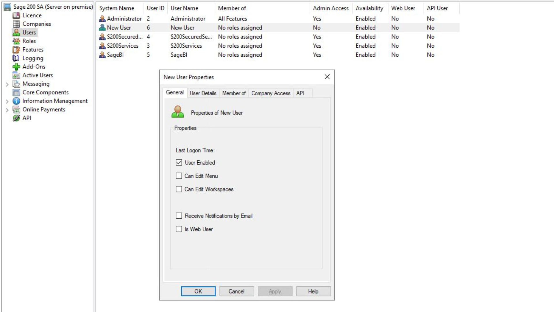 Screenshot 4 - Adding a new user in Sage 200