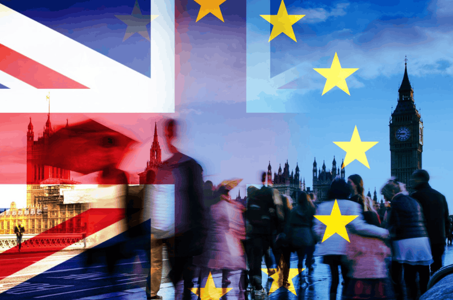 The United Kingdom flag with London landmarks