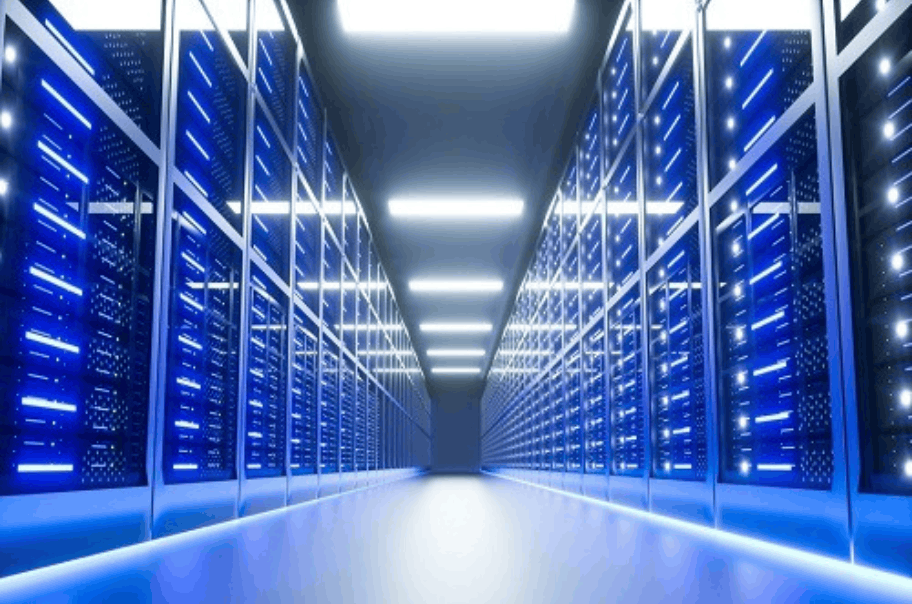 A blue room with servers